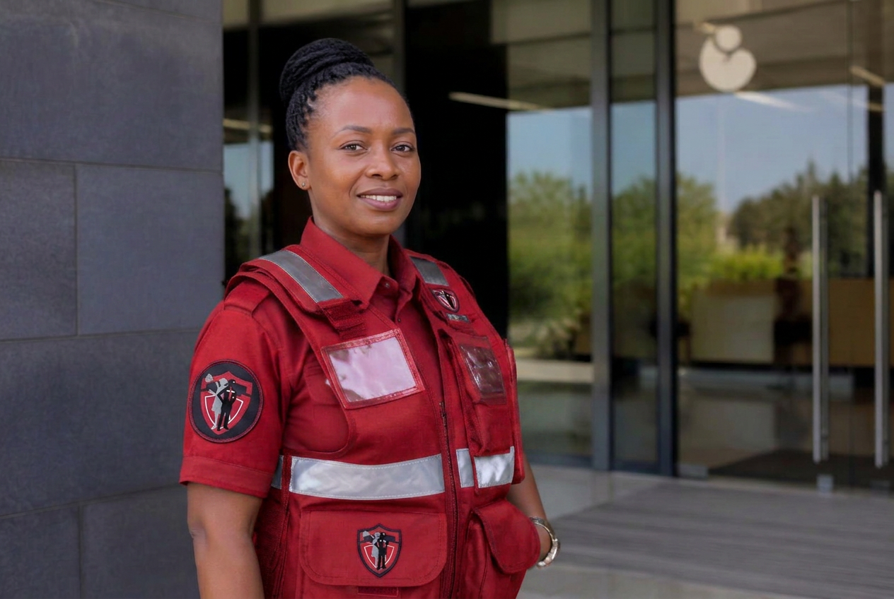 Arise and Shine security officer in red uniform on duty at a corporate building entrance